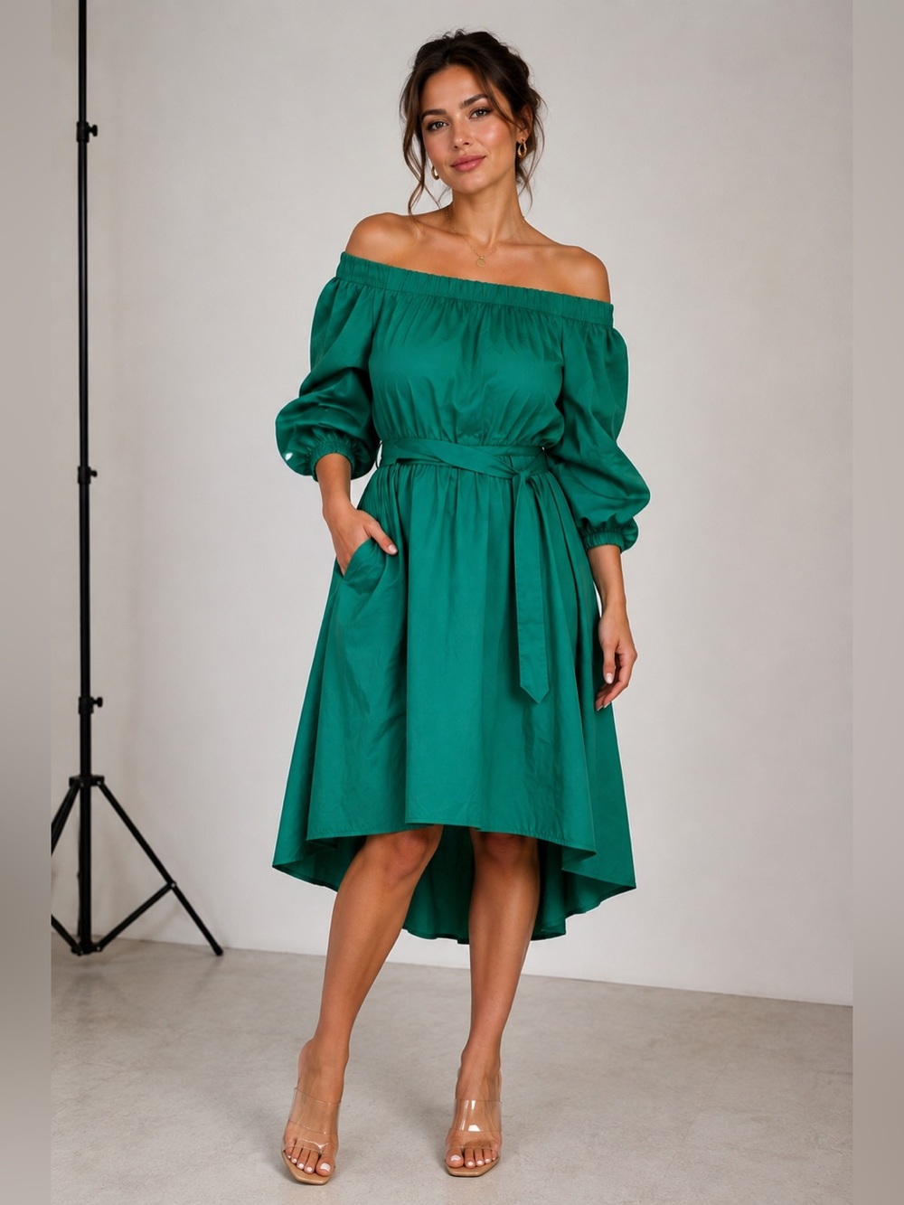 Ashley Stewart Plus Size Off Shoulder Green Midi Dress 18/20 Cotton Boho NWOT